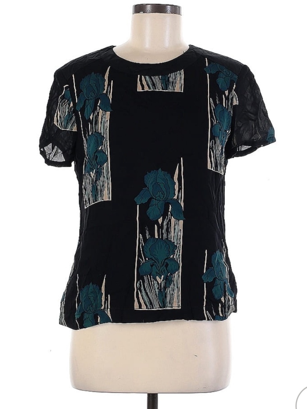 Vintage Black Short-Sleeve Blouse with Teal Floral Panels